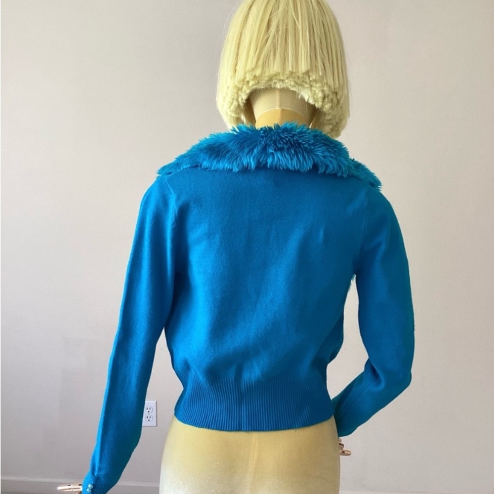 One Step Up Blue 90s Style Fur Cardigan Sweater SZ L - Picture 2 of 5